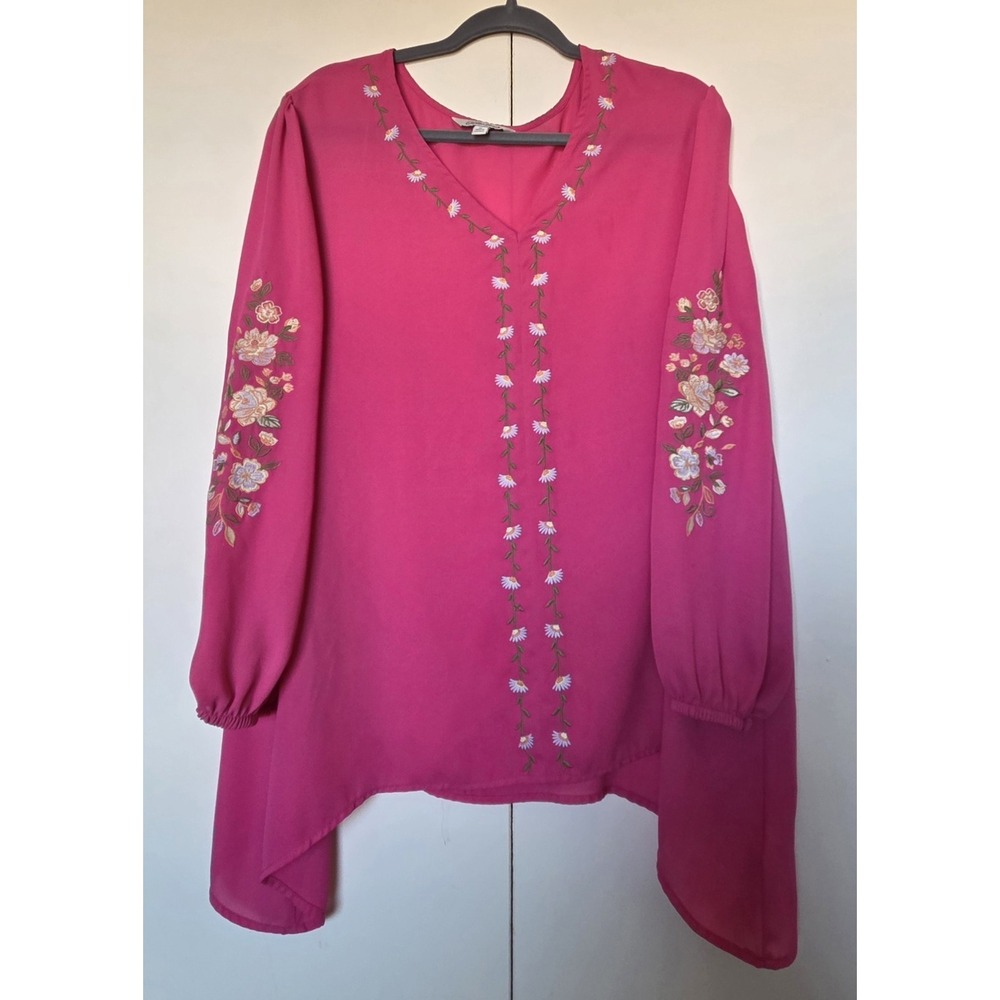 PIONEER WOMAN Pink  Polyester Embroidered Tunic Sz 1x Sharkbite Hem ~ EUC ~